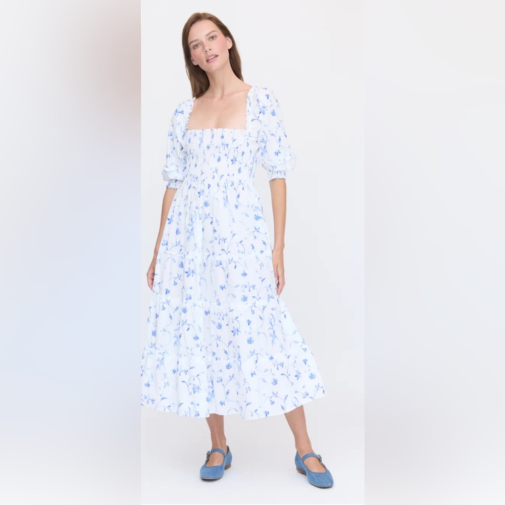 Hill House White Midi Dress with Blue Floral Print- Nesli
